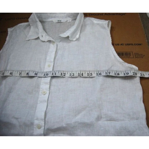 Uniqlo Womens LARGE White 100% Linen Button Up NO Sleeve Shirt Blouse Top - Picture 4 of 7